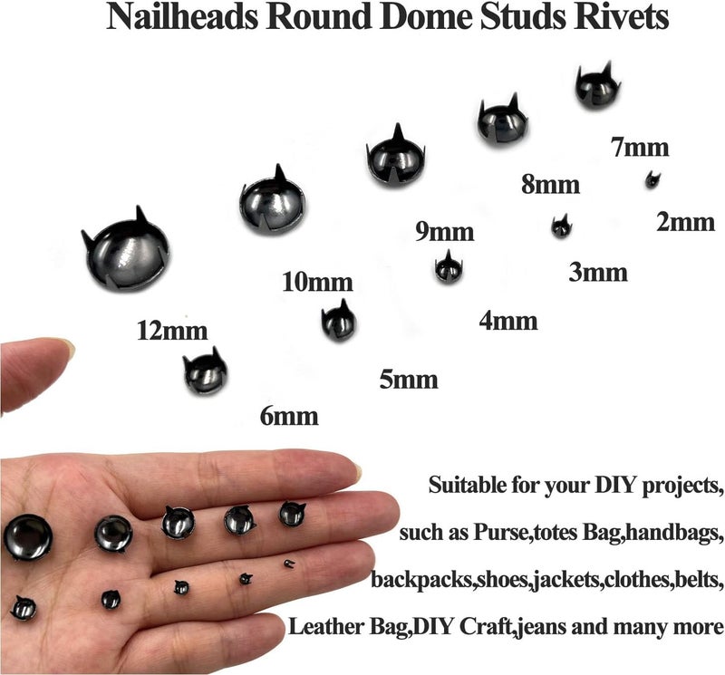 honigo 200pcs Nailheads Dome Studs Rivets Gun Metal Solid Brass 2/3/4/5/6/7/8/9/10/12mm 4 Prongs Spikes Spots for Leather Craft Clothes Belt Bag Shoes Decorations Totes DIY Craft - Image 3